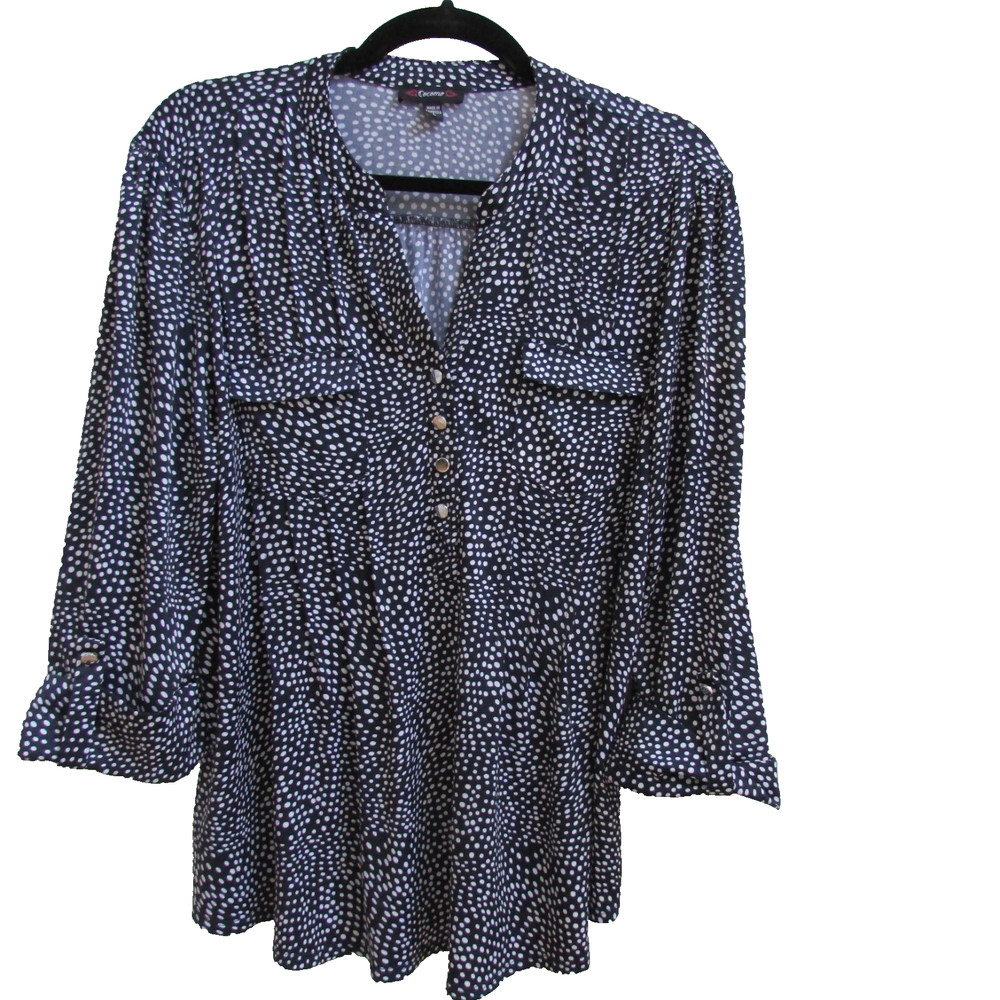 Cocomo Dark Navy Blue Polkadot  Pleated 3/4 Sleeve Tunic Top-Large
