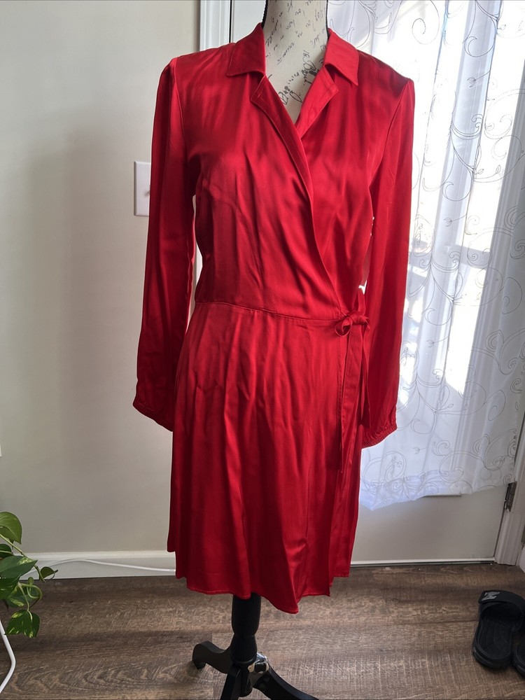 Cloth & Stone Satin Collared V-Neck Wrap Front Mini Dress Red Medium Date READ