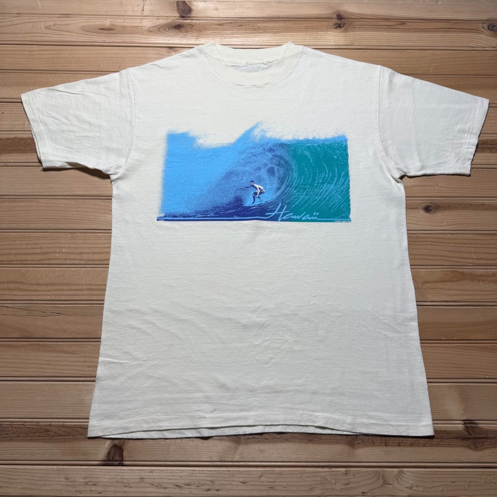 Vintage 80s Hawaii Surfer Big Wave Beach Tropical Graphic Souvenir T-Shirt Large