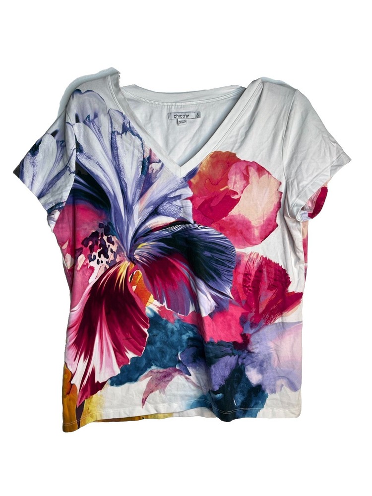 Chicos Water Color Flowers Tropical Short Sleeve Blouse Shirt Womens 2 US L  (15
