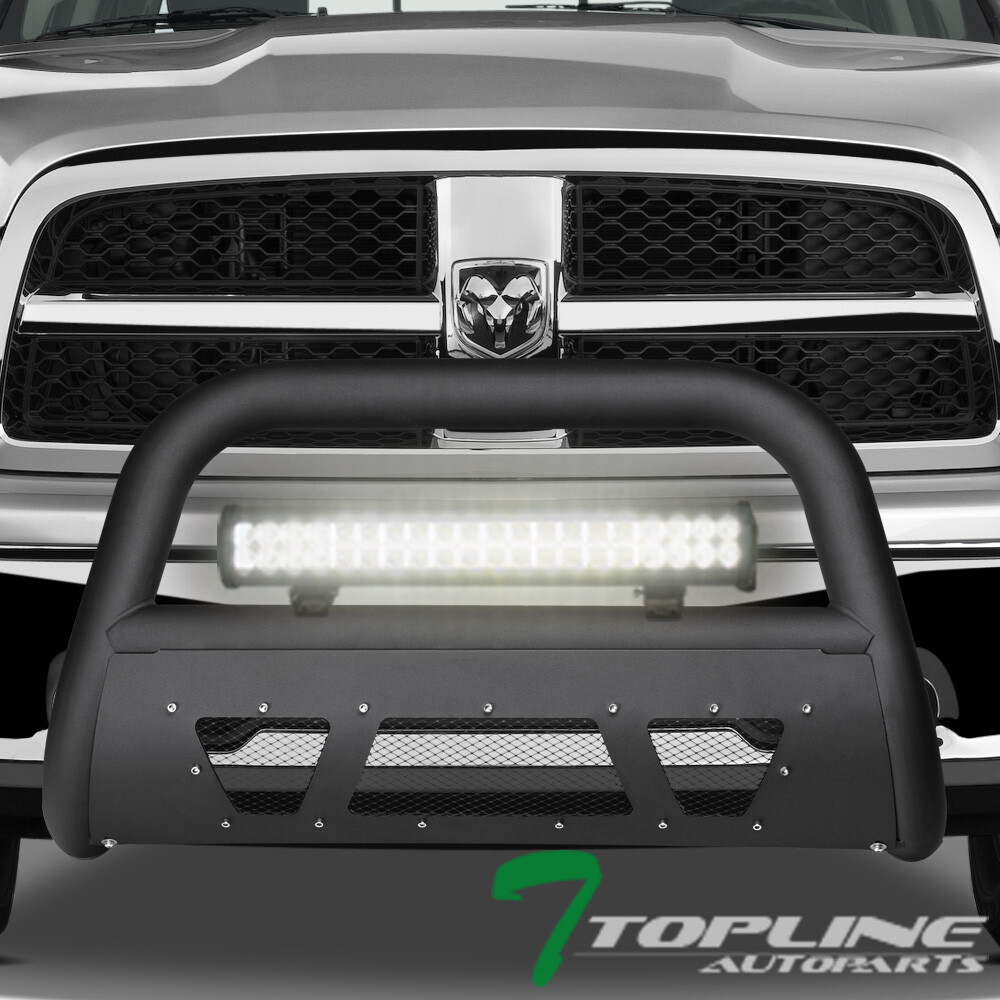 Topline For 09-18 Dodge Ram 1500 Matte Blk Studded Mesh Bull Guard+120W LED Bar