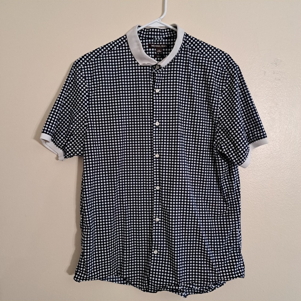 Michael Kors Slim Fit Polka Dot Button Down Shirt Navy White Short Sleeve S: XL