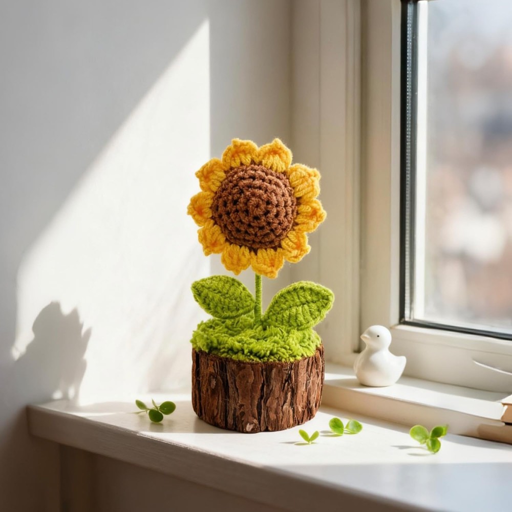 Andvon Crochet Sunflowers Bouquet, Handmade Knitted Flowers with Wooden Pot f...