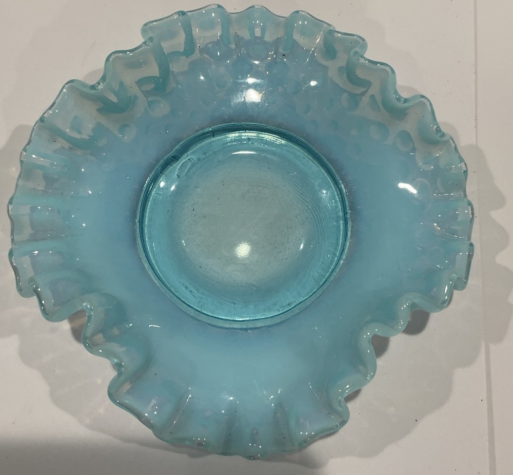 VTG Fenton Art Glass Bon Bon Dish Opalescent Blue Hobnail Double Crimp Ruffle