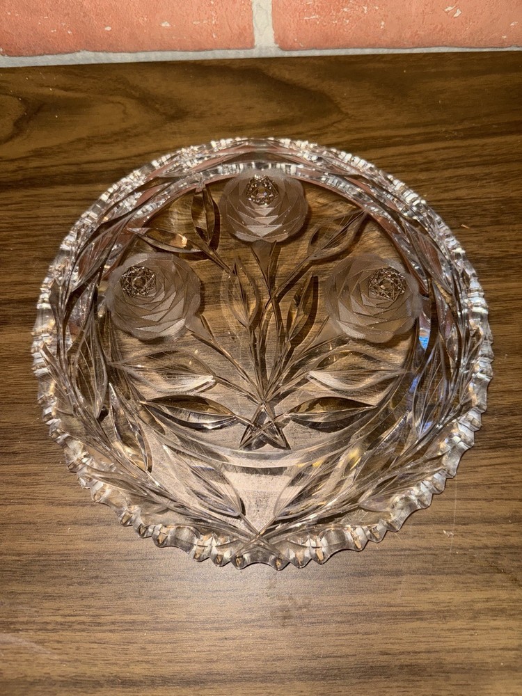 Antique ABP Irving Early American Brilliant Cut Glass White Rose 9”  Nappy Dish