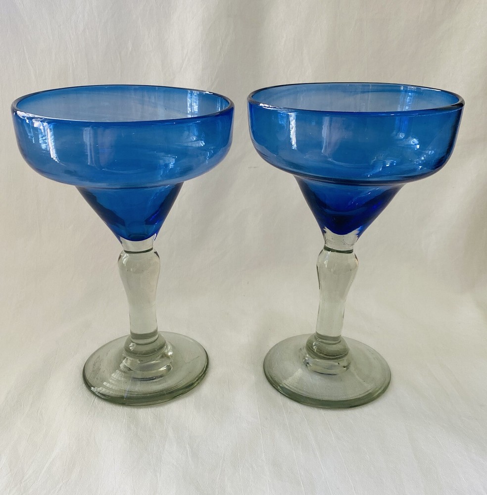 Mexican Margarita Glasses Set 2 Blue Hand Blown Art Glass Stemware Blue