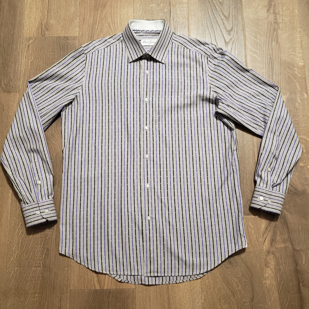 Robert Graham Long Sleeve Button Up Shirt 39  15.5 Striped Charcoal Gray Purple