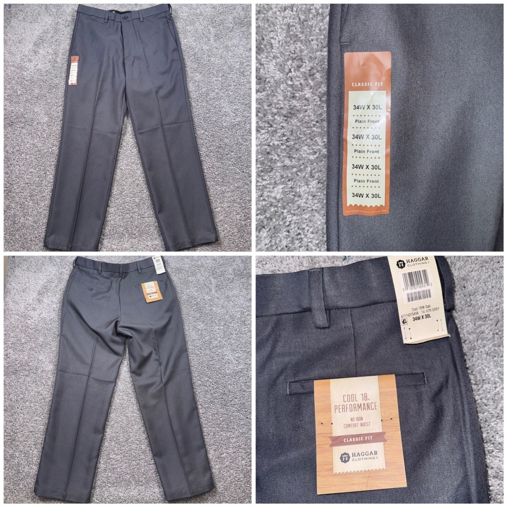 Haggar Cool 18 Performance Dress Pants Mens Classic Fit Grey 34x30 NEW