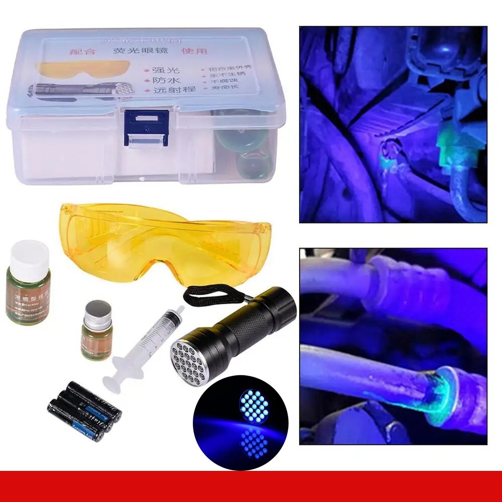 Car Air Conditioning A/C System Leak Test Detector Kit 28 LED UV Flashlight+ Dye-image