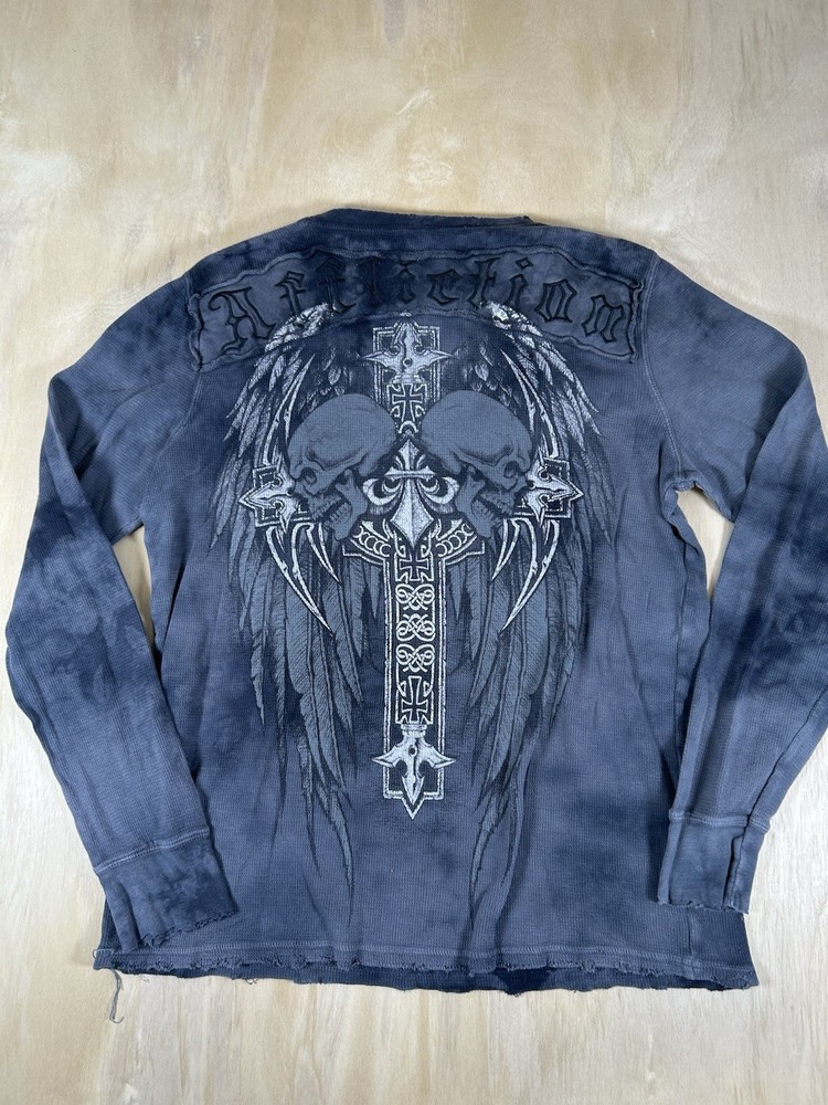 Y2K Affliction Long Sleeve Thermal Shirt Mens Size M Skull Punk Wings Cross Gray