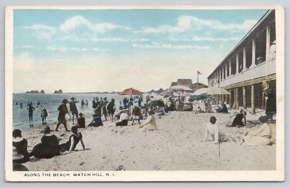 Watch Hill RI Beach Vintage Postcard - Ocean View & Bath Houses c. 1910s