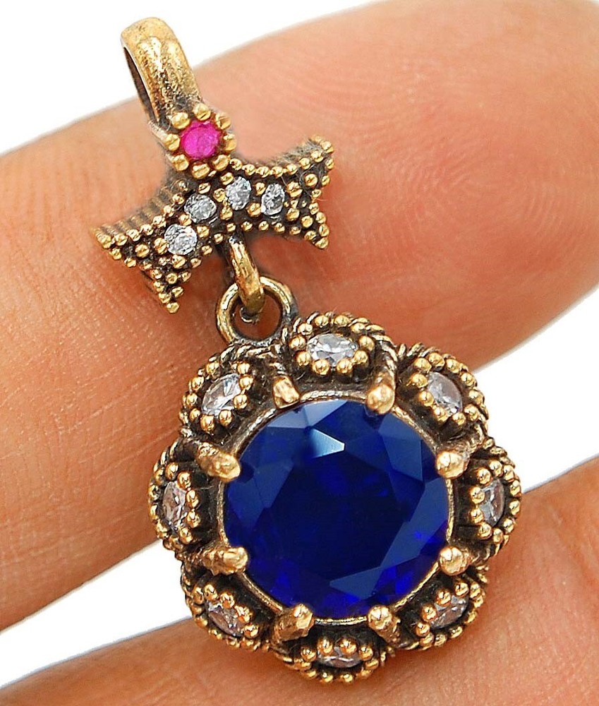 3CT Blue Sapphire Pendant in Sterling Silver Ottoman Empire Design