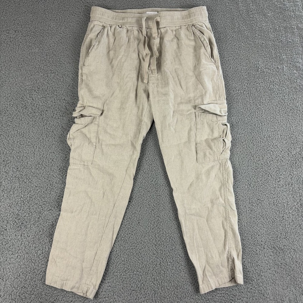 Porter & Ash Pants Mens Large Slim Fit Beige Linen Cargo Drawstring Casual Beach