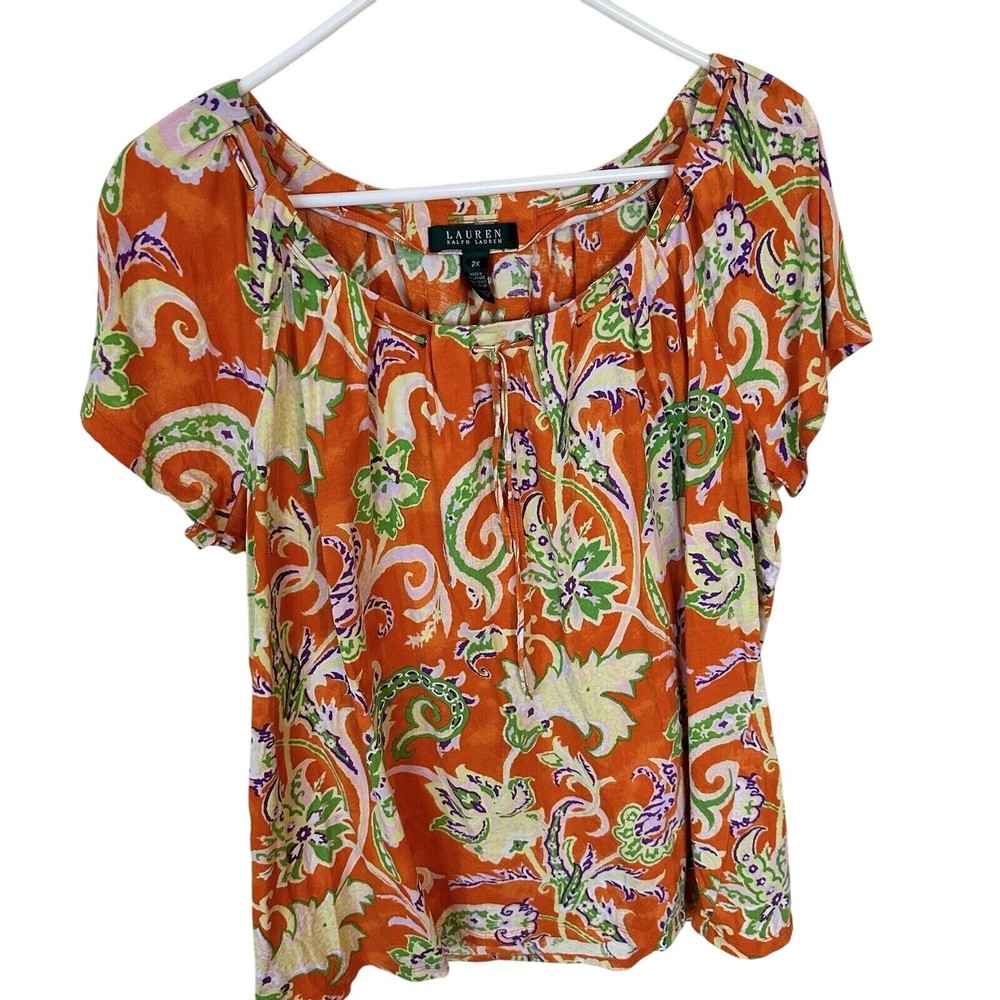 Liz Claiborne Womens Short Sleeve Top Shirt Blouse Petite Medium Orange Floral