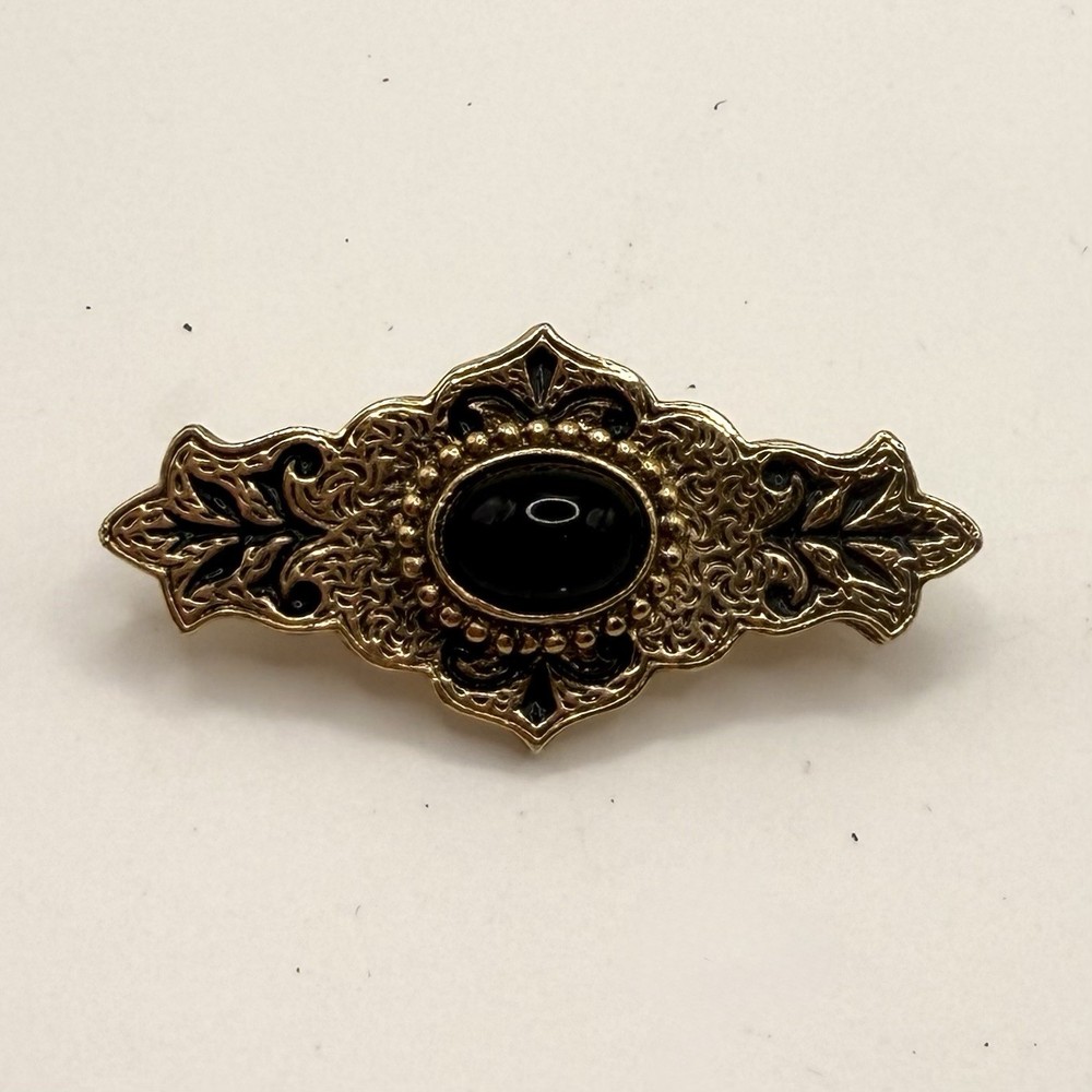 Vintage Gold Tone Black Cabochon Filigree Bar Brooch Pin