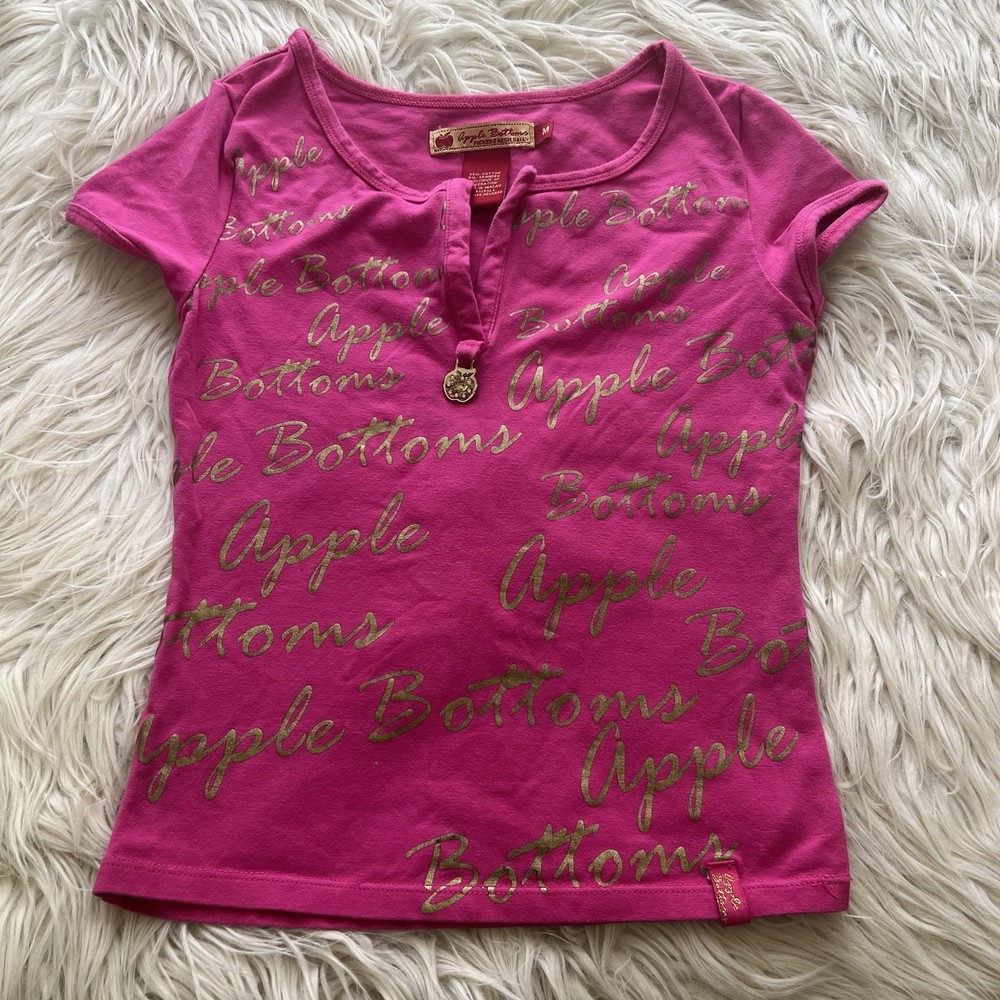 Vintage Y2K Apple Bottoms Pink Graphic T Shirt V Neck Charm Girls Size M