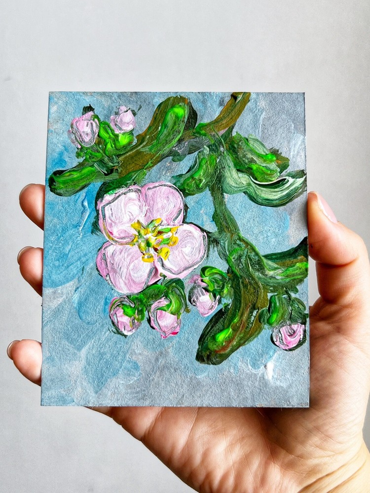 Apple Blossom Acrylic Painting of Blooming Tree with Leaves 4x5 Art