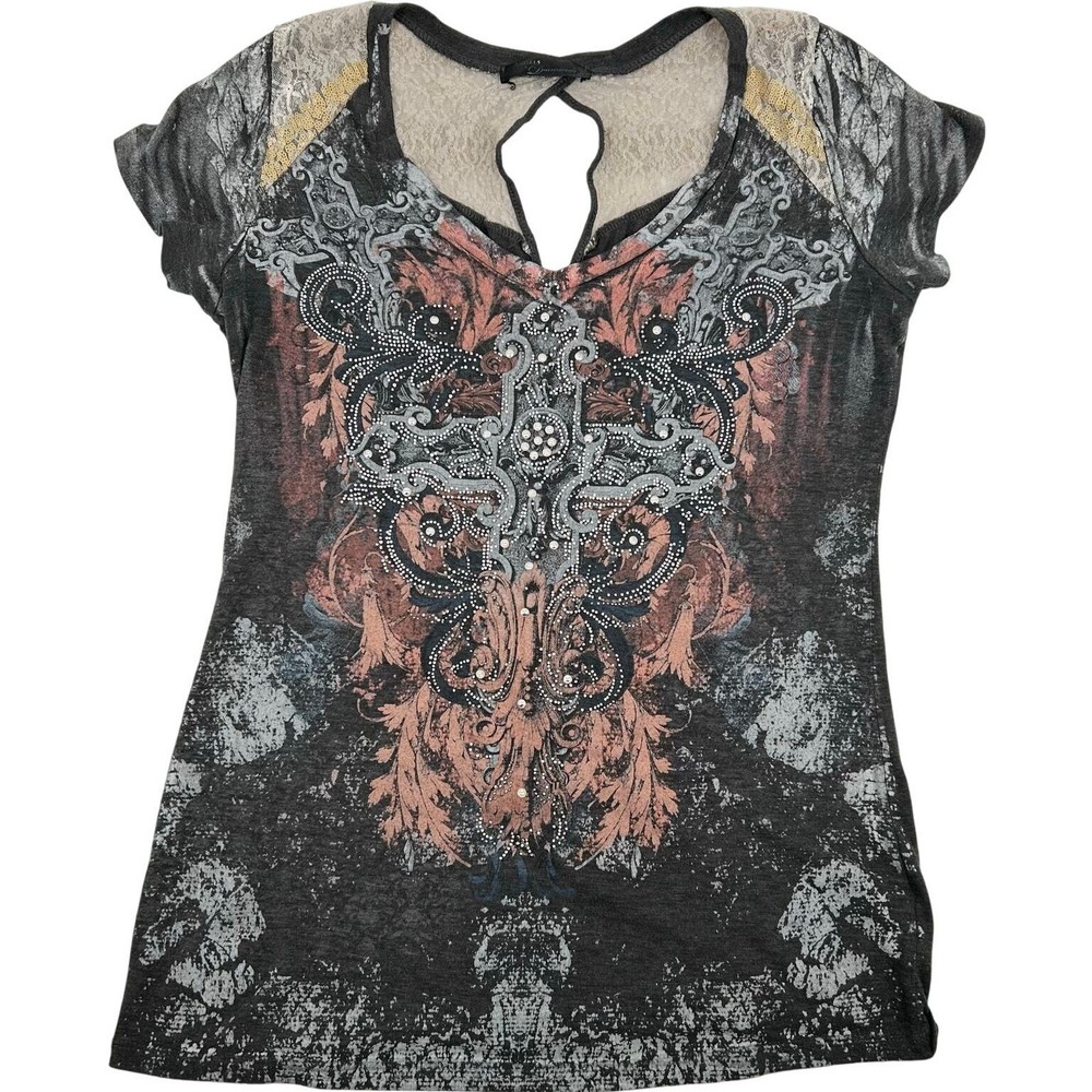 Vintage y2k women's Angels & Diamonds tribal wings cross cyber grunge t shirt
