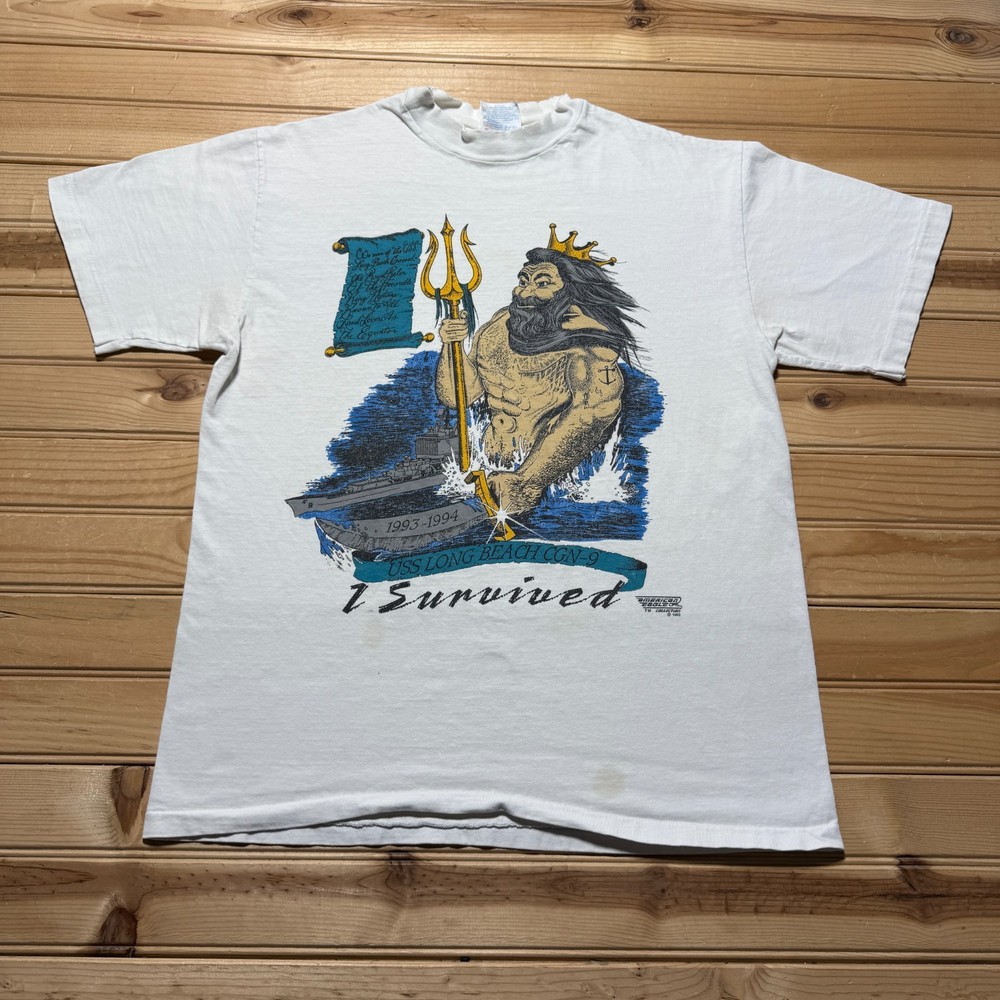Vintage 1993 US Navy USS Long Beach CGN-9 Neptune God Graphic T-Shirt - Medium