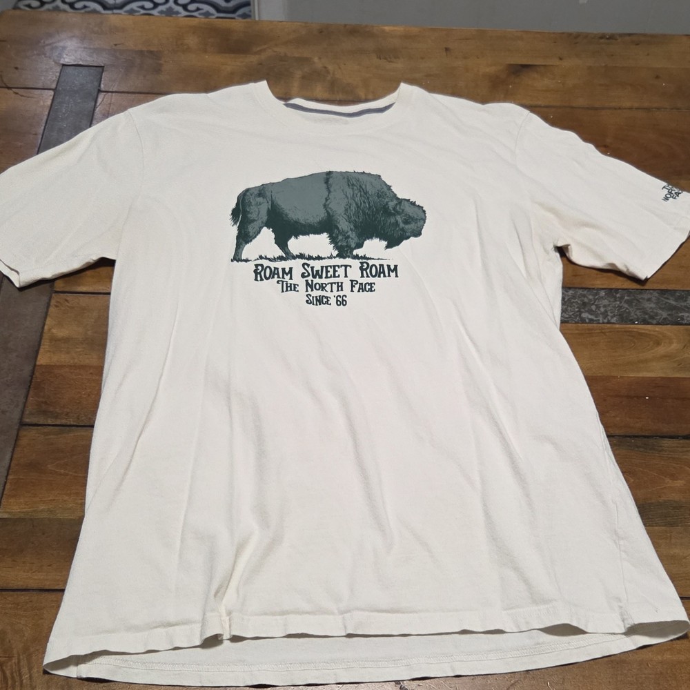 The North Face Men's Large Cream T-Shirt Roam Sweet Roam Bison Classic Fit EUC