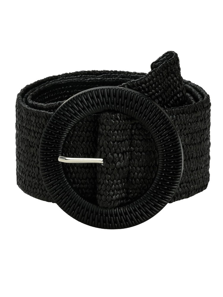 Verdusa Women's Black Boho Straw Waist Belt with Round Buckle 90cm Elastic