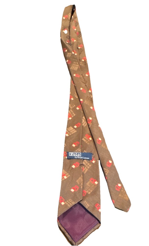 Polo by Ralph Lauren Men's 100% Silk Tie Brown Red Geometric Pattern Handmade