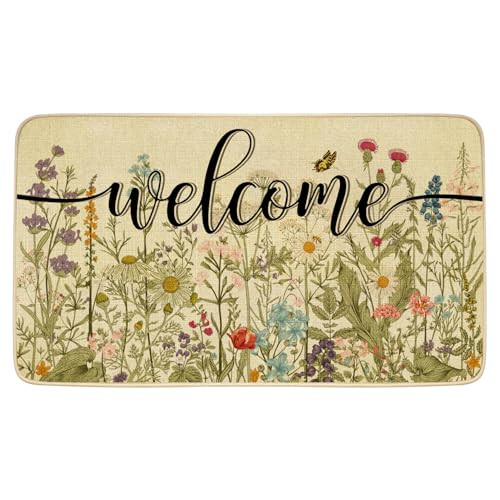 Spring Door Mat Floral Welcome Decor Doormat, Summer Flower Decorative Indoor