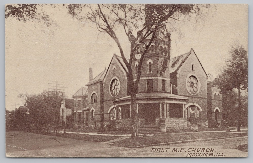 Macomb Illinois~First ME Church & Street View~Vintage Postcard