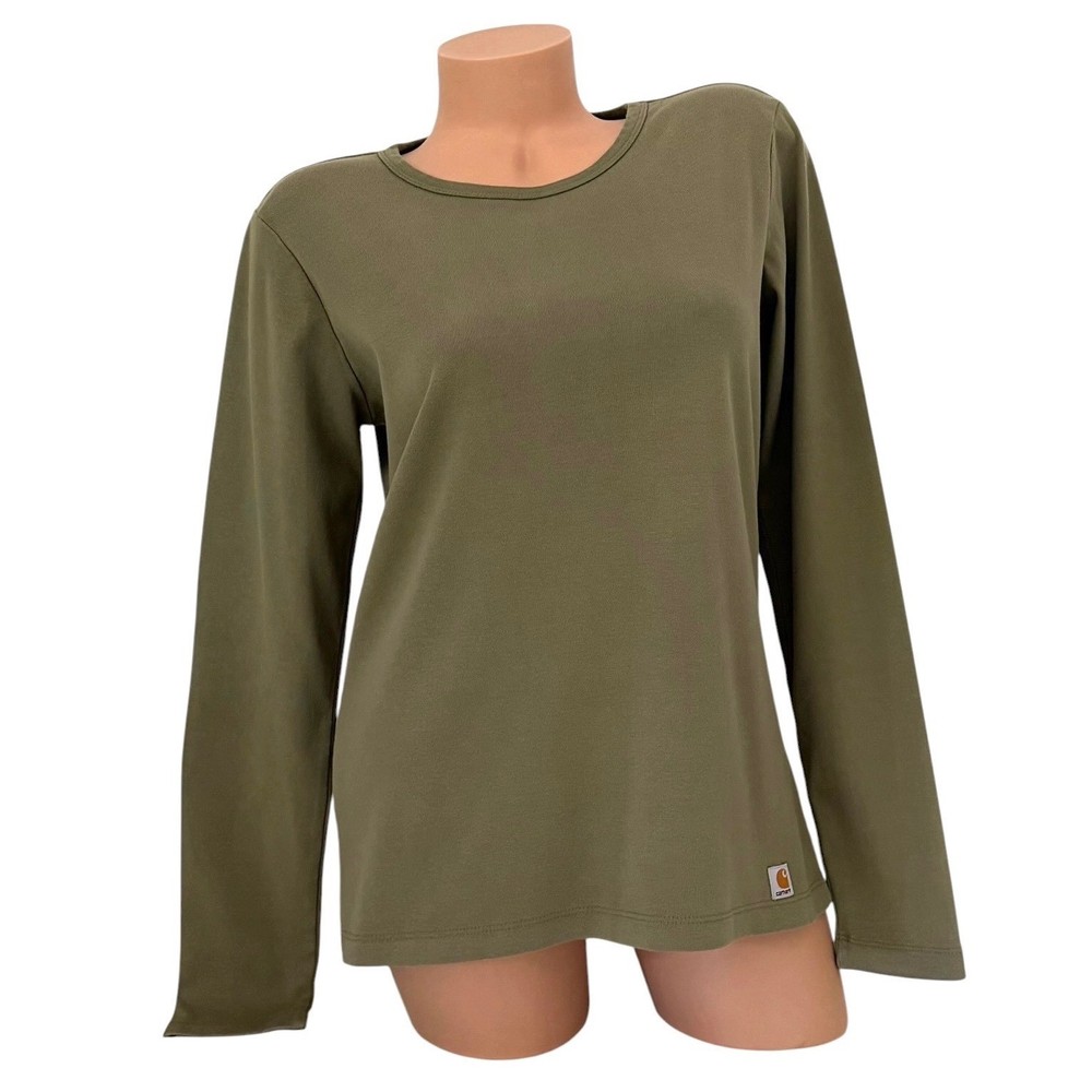 Carhartt Women's Olive Green Long Sleeve Cotton Crew Neck T-Shirt Size LARGE