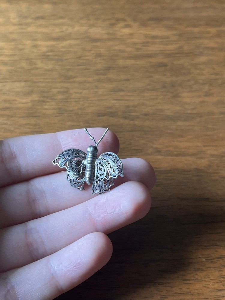 vintage sterling silver filigree butterfly brooch pin  1”