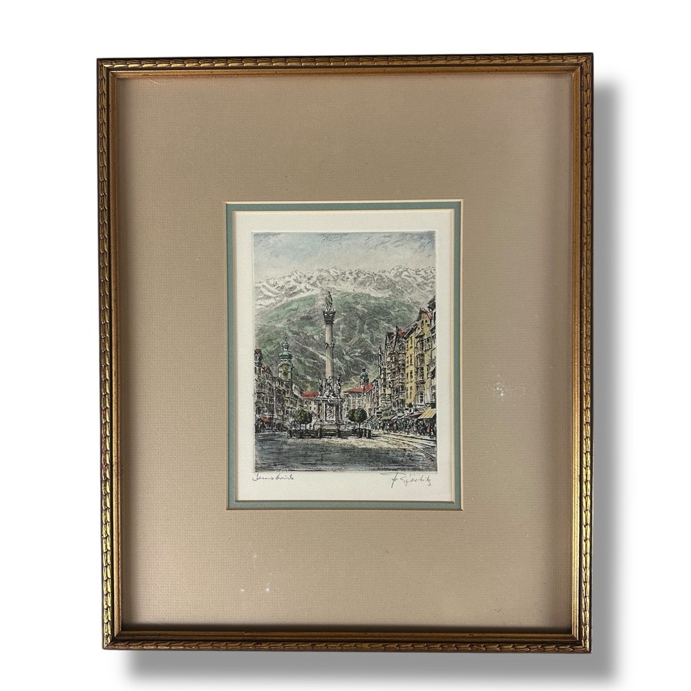 Friedrich Görtitz Hand-Colored Etching Innsbruck Austria St. Annes Column Signed