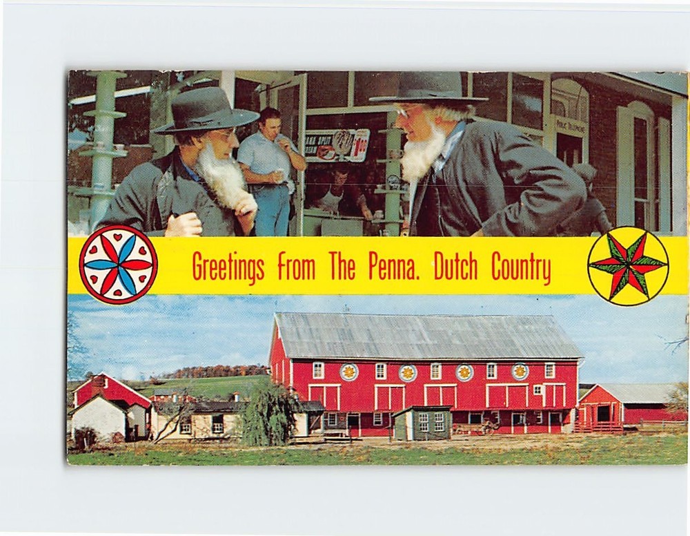 Postcard Amish Gentlemen and Red Barn Pennsylvania USA