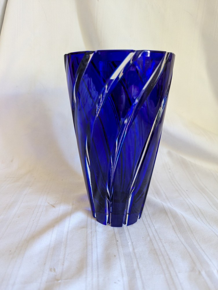 R H Macy's cobalt blue cut to clear art glass vase sliced base  7