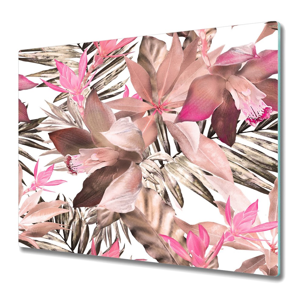 Glass Worktop Kitchen Chopping Board Tropical Pink Leafs Exotic 60x52