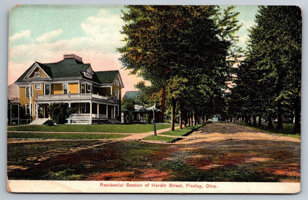 Postcard OH Residential Section Hardin Street Findley Ohio Dirt Road