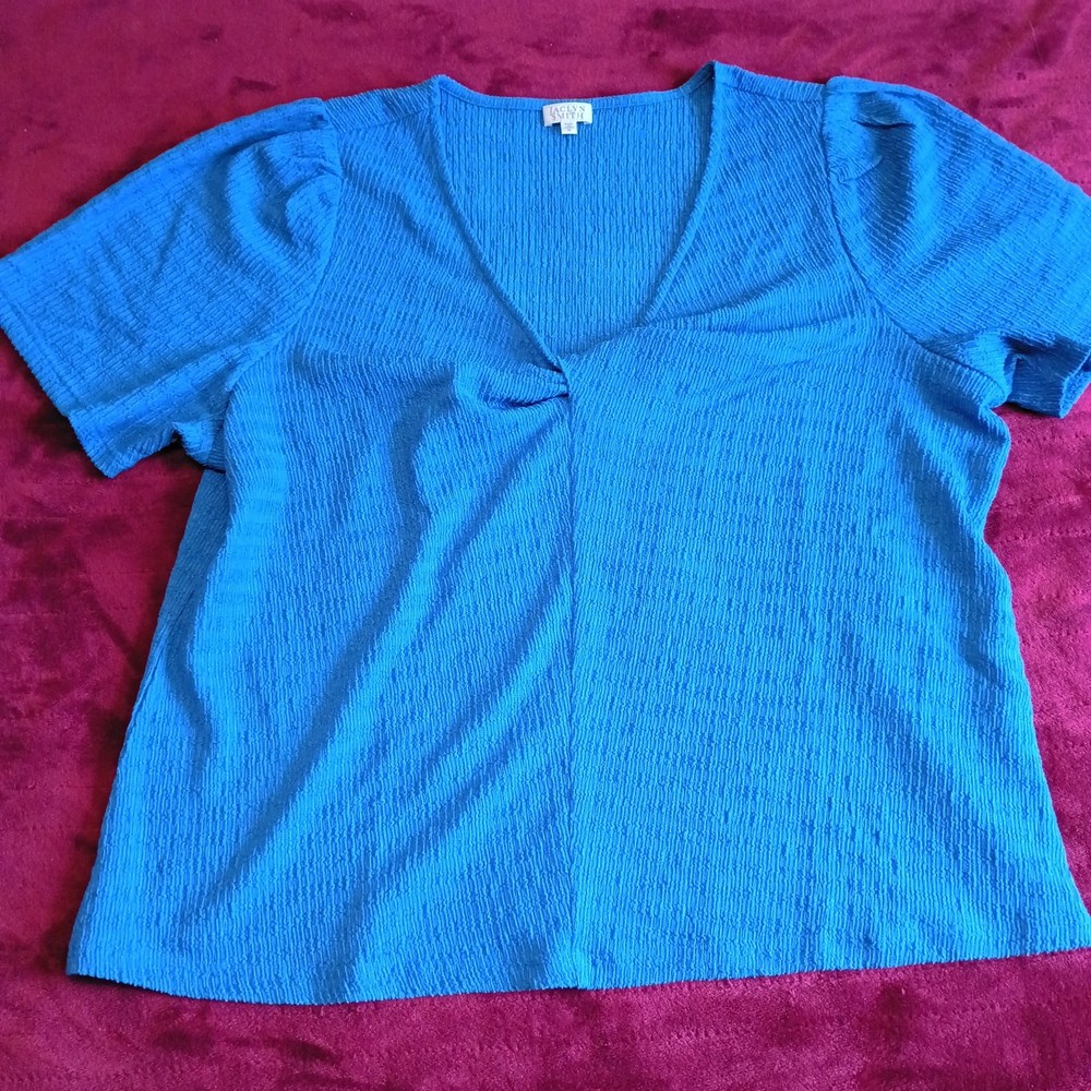 Jaclyn Smith Shirt Women’s 1X Blue Short Sleeve Pullover Blouse Top(350