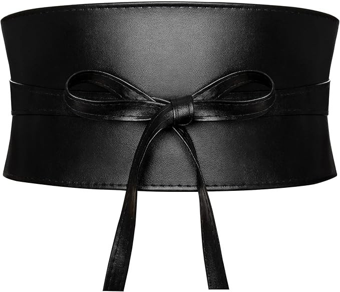 Women's Wide Obi Belt Thick Faux Leather Corset with Lace-Up Wrap Style Goth