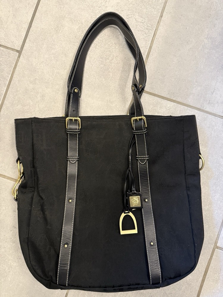 Vintage Ralph Lauren Canvas and Leather Tote Bag  Embossed Logo in Black Gold