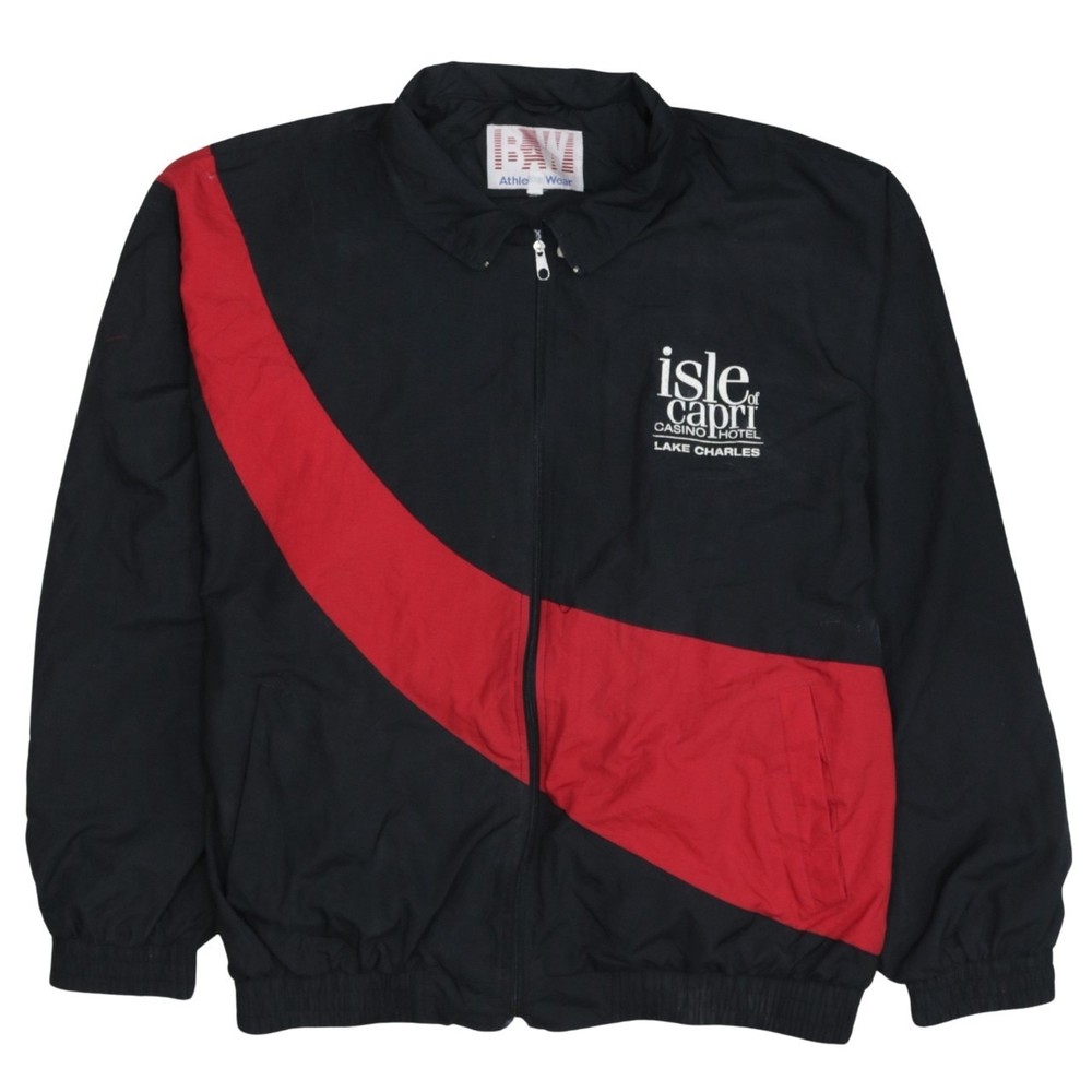 Retro Mens Windbreaker Jacket Black Red Nylon Full Zip Embroidered Isle Logo XL