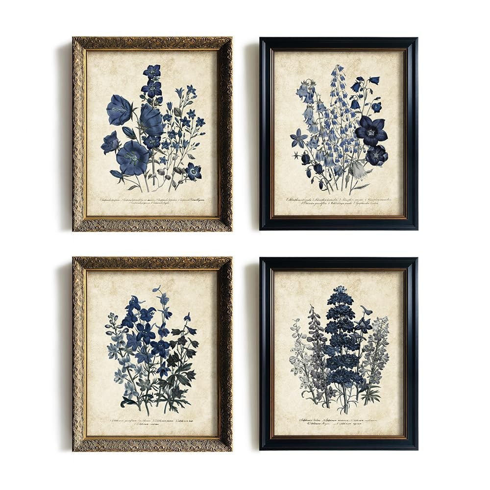 Blue Botanical Wall Art Prints Farmhouse Country Cottage Decor Unframed Set