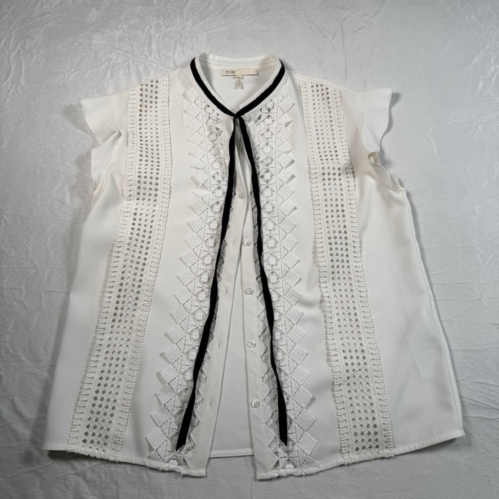 MaJE Luno Womens sz 1 Lace Sleeveless Top White w/ Black Trim Blouse Button Up