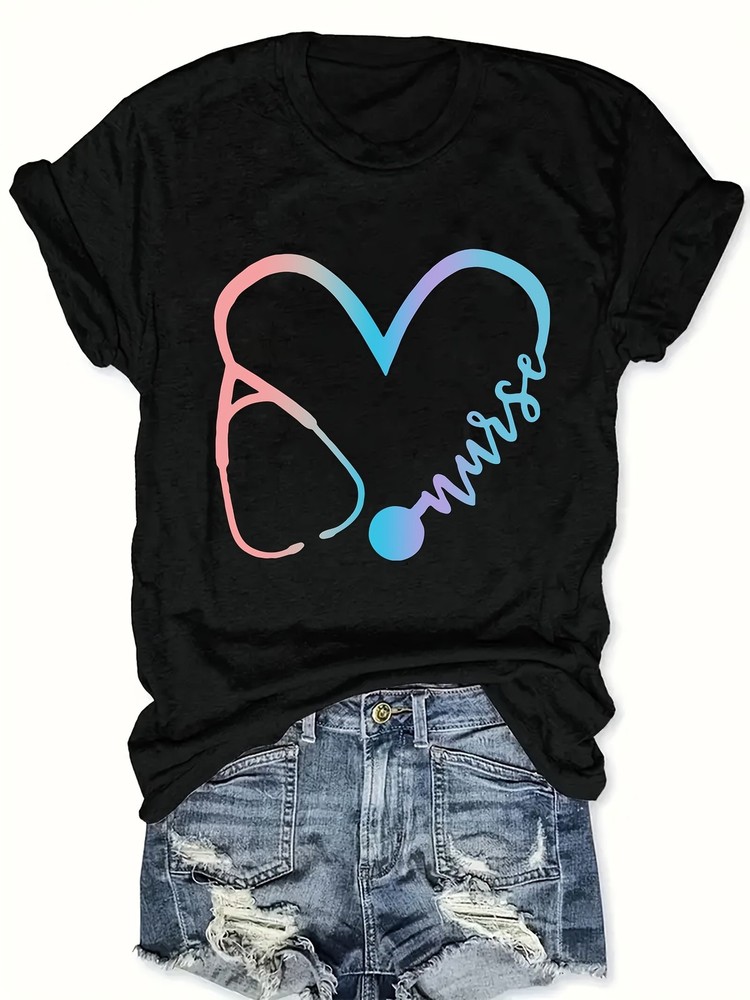 Women Nurse Stethoscope Graphic T-Shirt Casual Short Sleeve Medical Tee Top