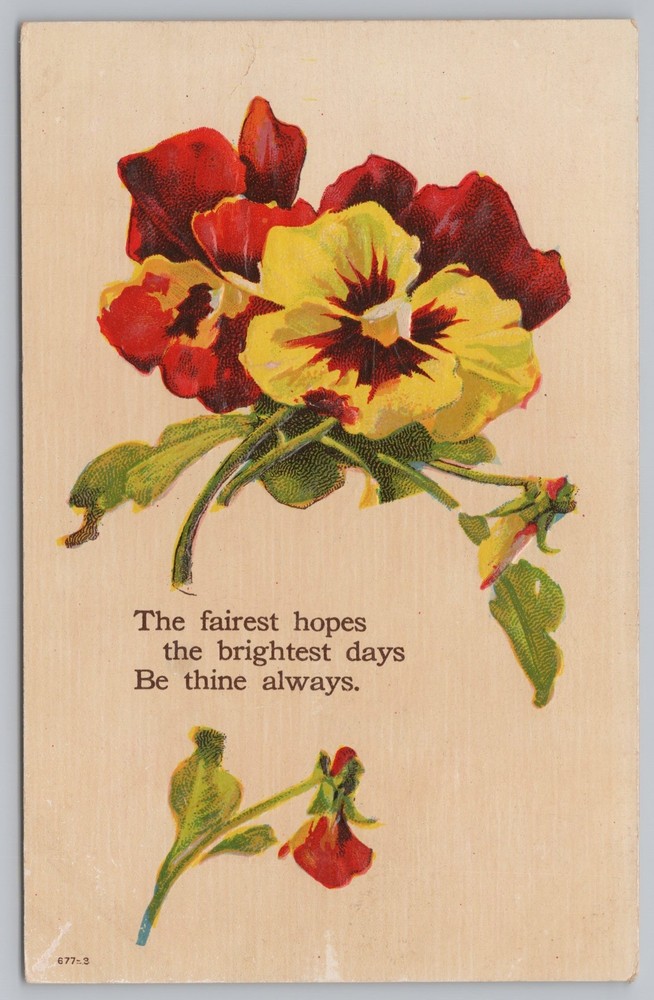 Greetings~Red & Yellow Pansies Fairest Hopes~Vintage Postcard