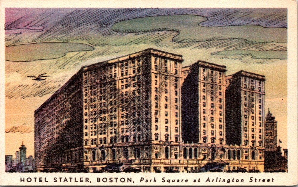 Postcard Hotel Statler Park Square at Arlington Street in Boston, Massachusetts