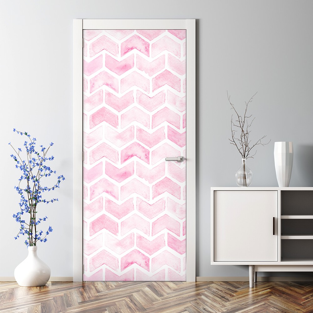 Pastel Pink Geometric Watercolor Chevron Nursery Door Sticker Bubble Free