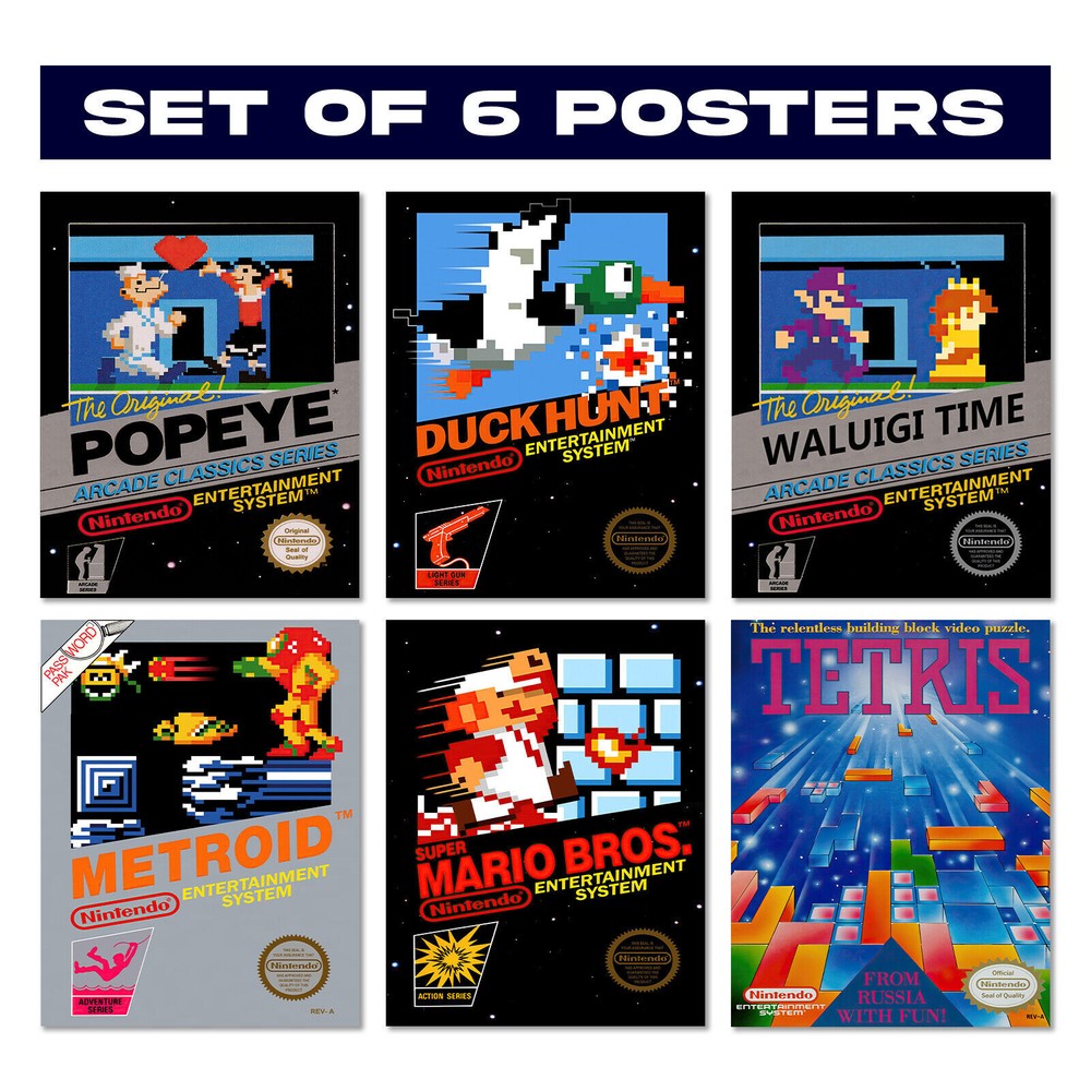 Retro Arcade Game Room Wall Art Set - 6 Nintendo-Themed Posters for Gaming Decor
