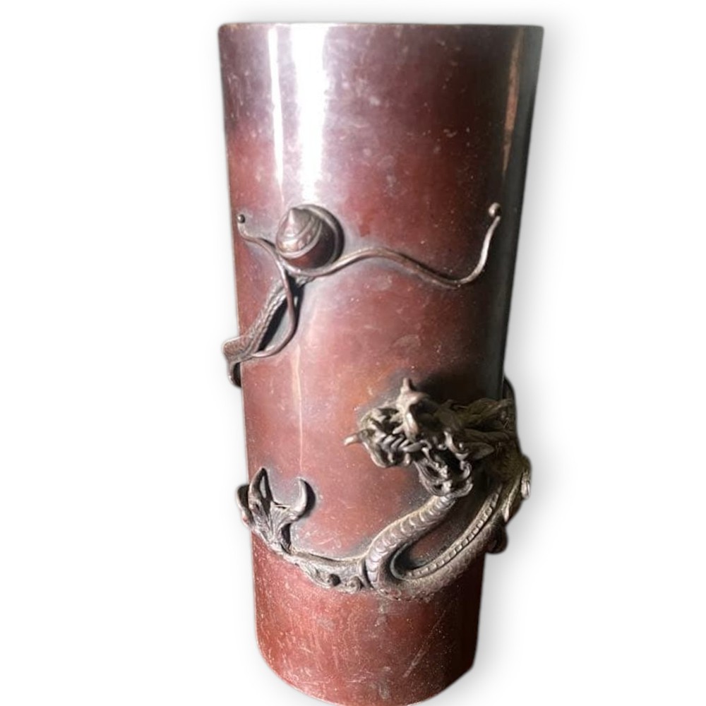 Japanese Antique Bronze Vase Dragon Relief Flower Jar Vessel Metalwork 11.8 inch