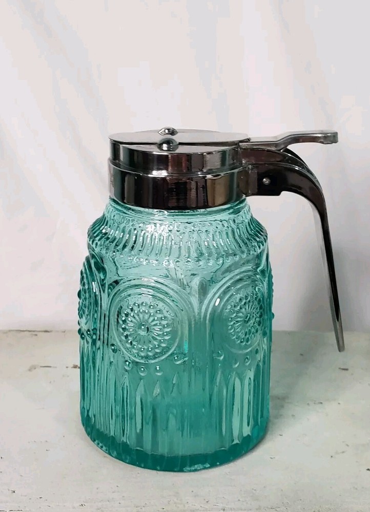 Pioneer Woman Adeline Turquoise Teal Blue Glass Syrup Pourer Dispenser
