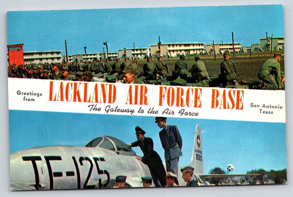 Banner~Texas~Greetings From Lackland Air Force Base~TF-125 Plane~1950s Postcard