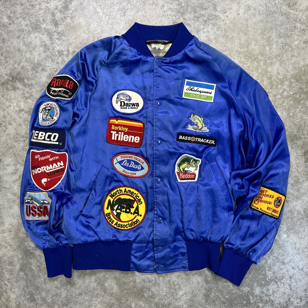 Vintage Fishing jacket mens Medium Bass angker satin bomber patches Dawa Zebco